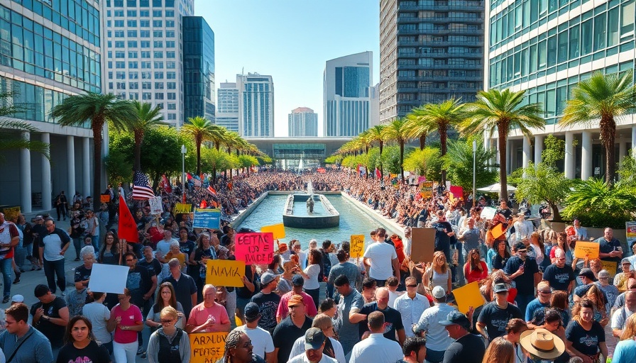 San Diego Hands Off Protest with a large crowd in city plaza.