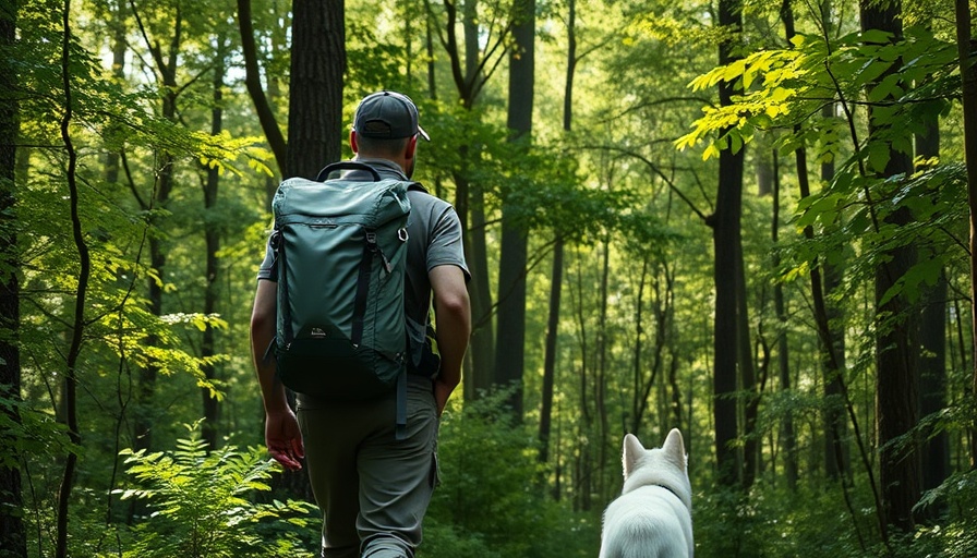 Hiker with ultralight backpack in a forest with dog, discussing rising tariffs on ultralight gear.