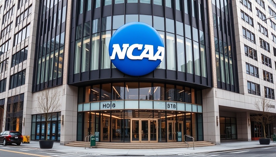 NCAA National Office building exterior, modern glass architecture.