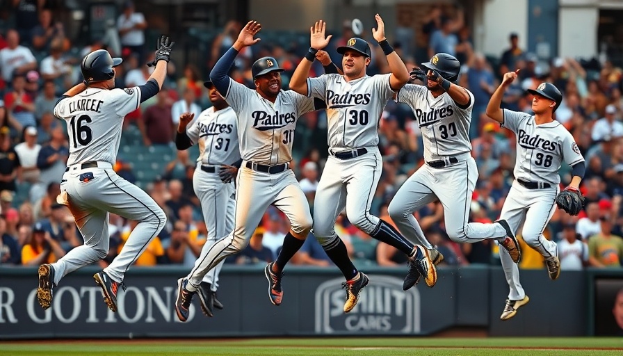 Padres players celebrating in air at game, energetic scene.