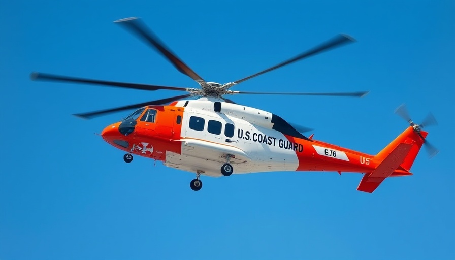 U.S. Coast Guard helicopter in flight over a clear blue sky.