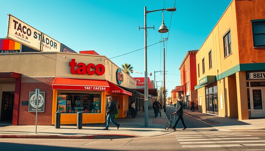 San Diego street corner taco shop with afternoon shadows.