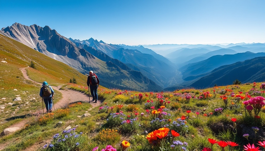 Hikers on a wildflower-lined trail in America, bright sunny day.