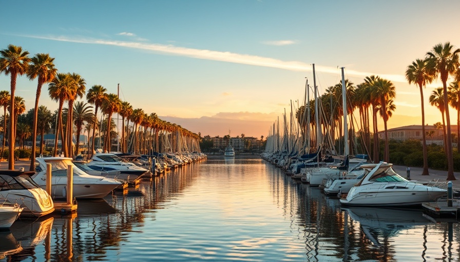 San Diego marina at sunset with boats and palm trees reflecting.