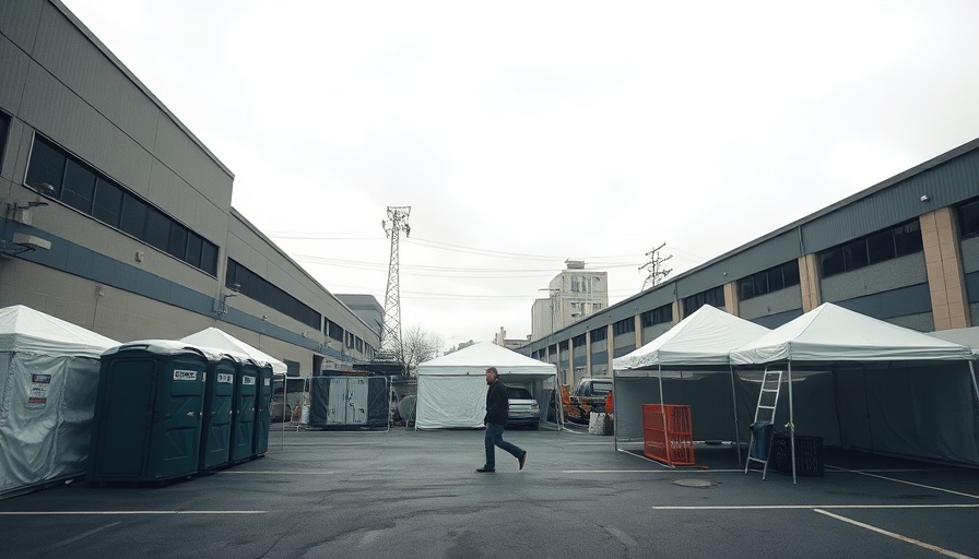 Person at temporary shelter with tents, highlighting urban setting.