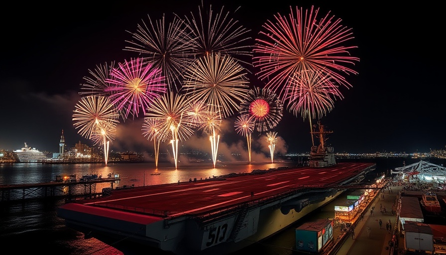 Vibrant Big Bay Boom fireworks over San Diego harbor at night.