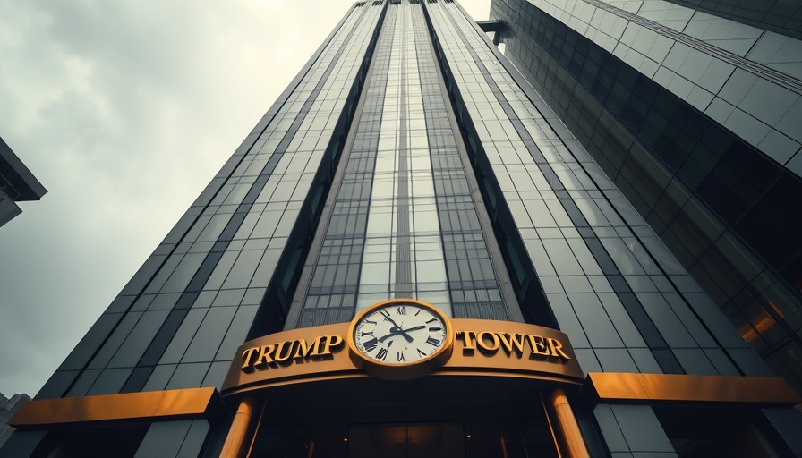 Upward view of Trump Tower entrance with clock, dramatic scene.