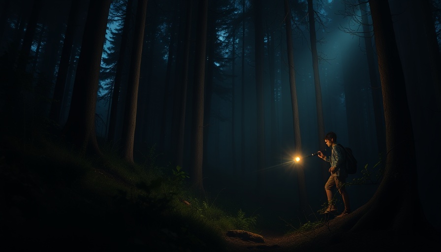 Children hiking in forest at night, illuminated by flashlights.