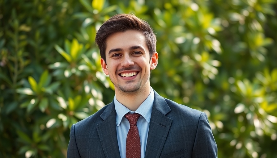 Cheerful young man in a suit smiling outdoors related to SDSU Honorary Degree Controversy.