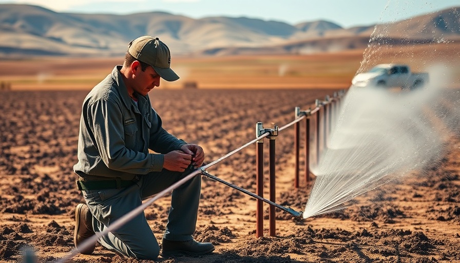 Worker adjusts sprinklers in a field, related to San Diego County water rate hikes.