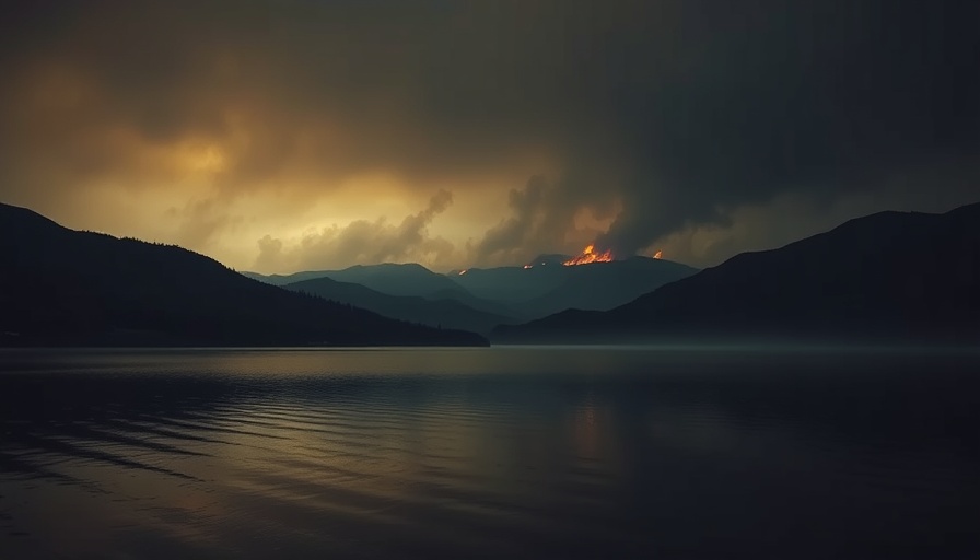 Distant wildfire creates smoky skies over hills, reflecting in calm water.