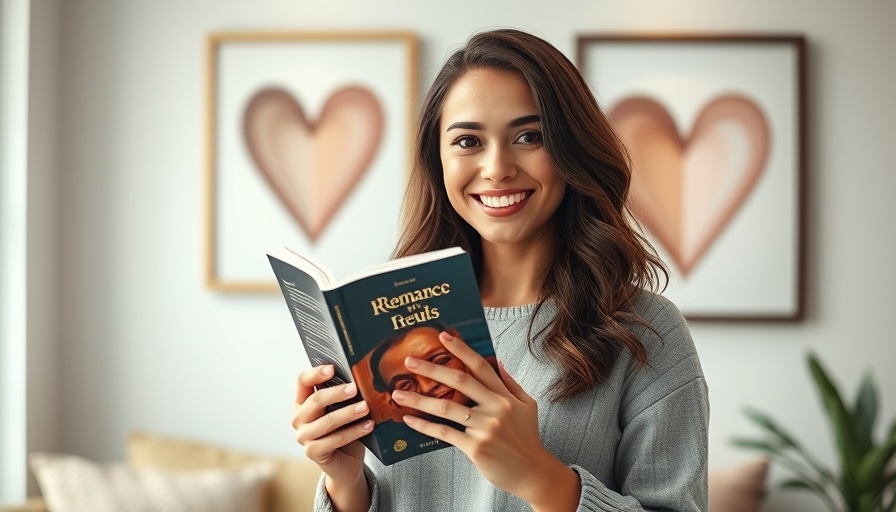 Smiling woman showcasing Kristi Hong's romance novel indoors.