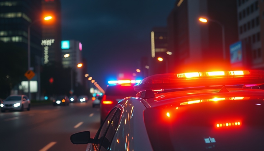 Poway car crash news police lights in the dark, night scene.
