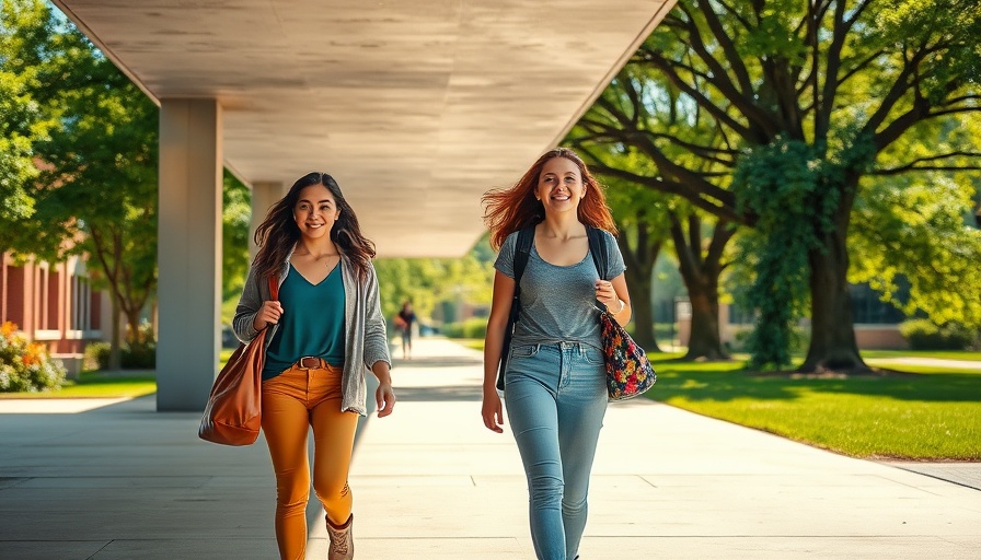 Young women walking at a college campus with green trees, reflecting student life.