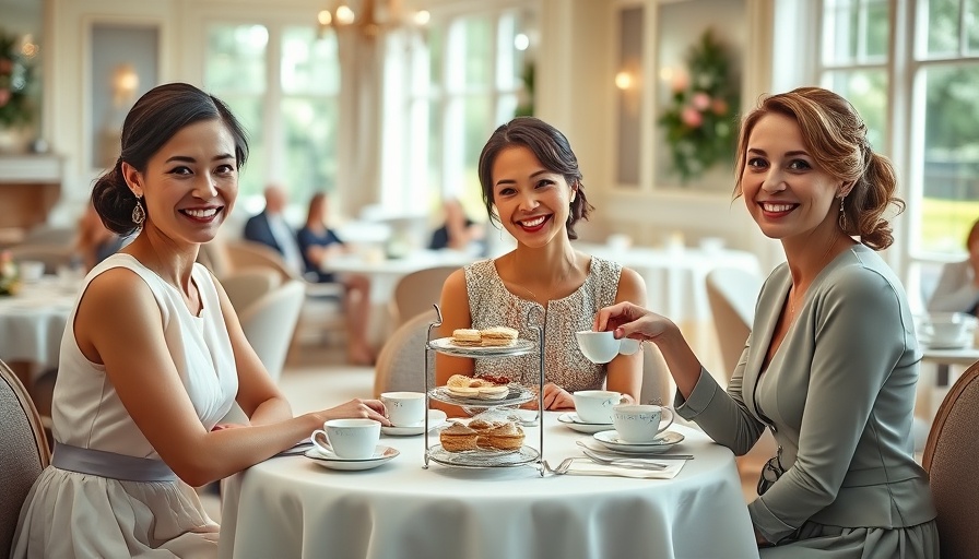 Elegant high tea setting at Pacific Beach fundraiser with smiling women.