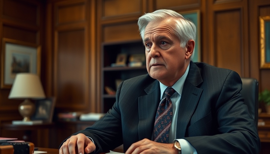 Contemplative older man in suit in an office setting, reflecting on impact.