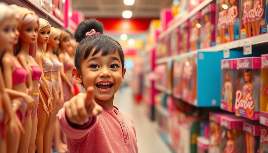 Young child in toy store aisle with Mattel Barbie dolls.