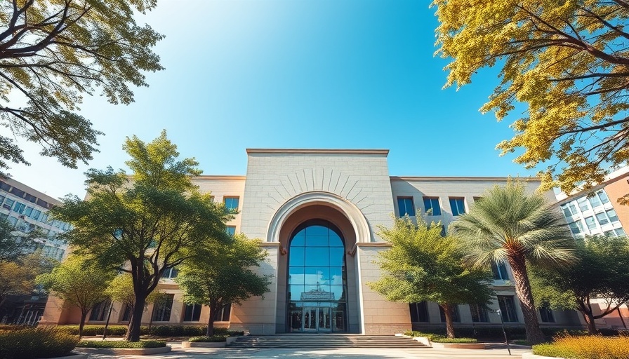 Modern government building in National City under blue sky.