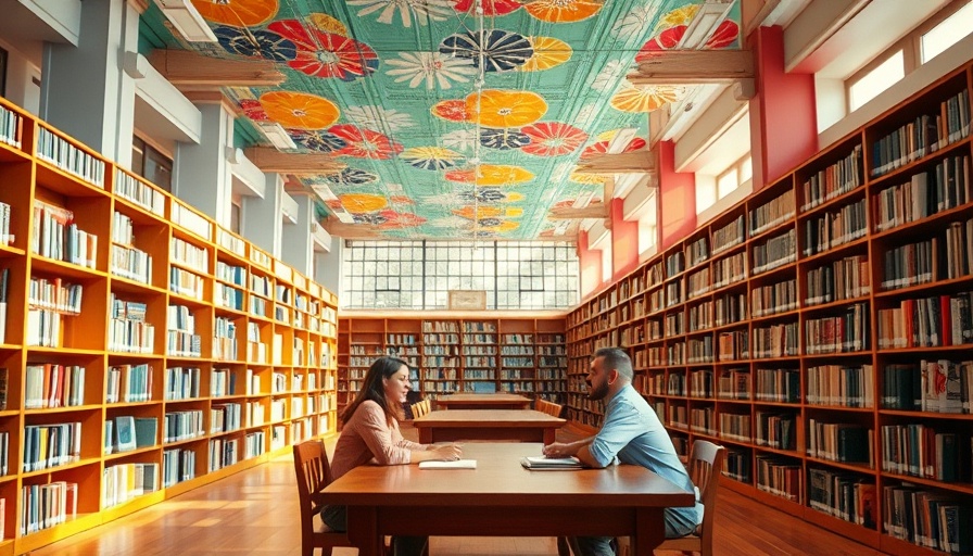 San Diego library with two people talking amid book-filled shelves.