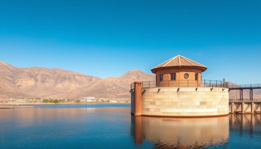 Water reservoir with tower and mountains related to PFAS in Drinking Water.
