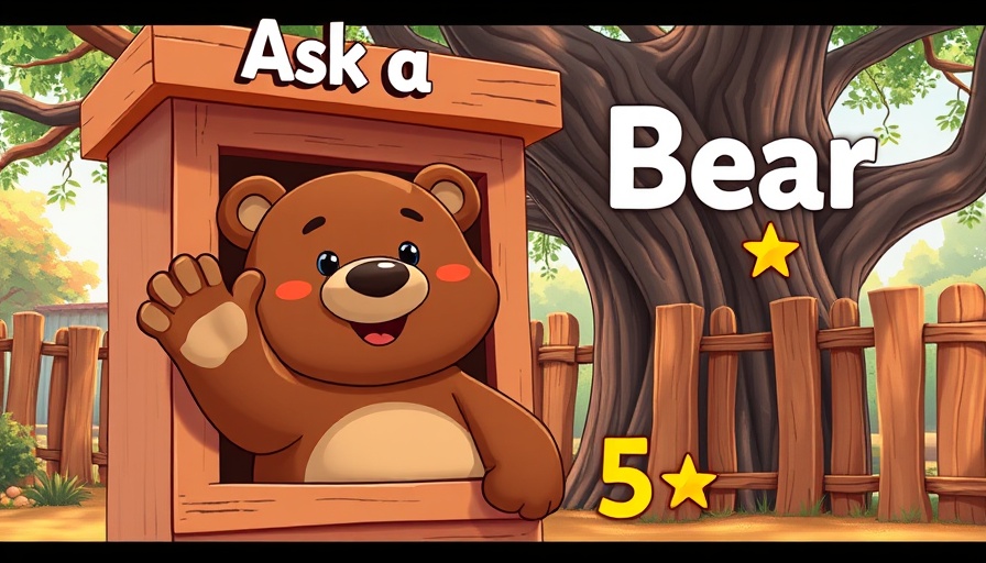 Cartoon bear in advice booth, waving paw, playful setting.