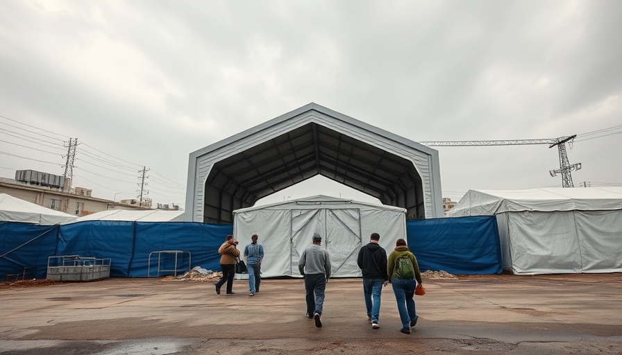 People approaching temporary shelter at Midway Homeless Shelter Future