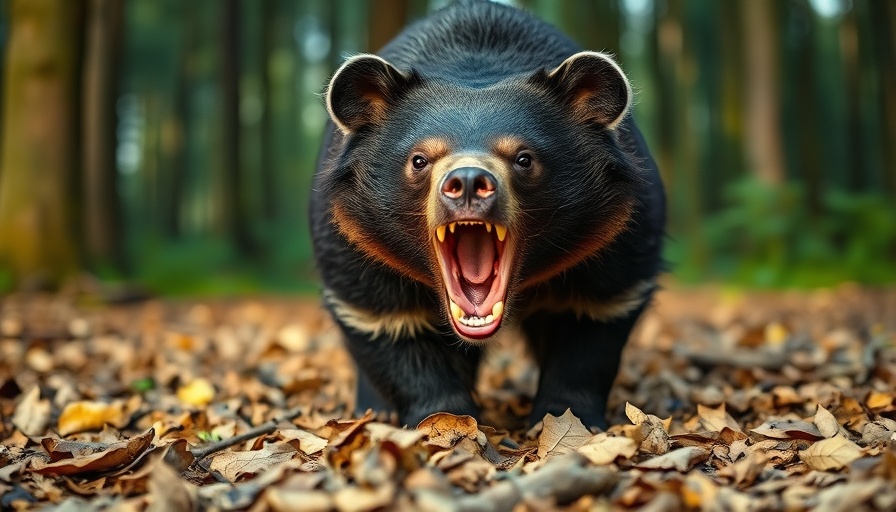 Sloth bear aggression depicted with an open mouth in a forest.