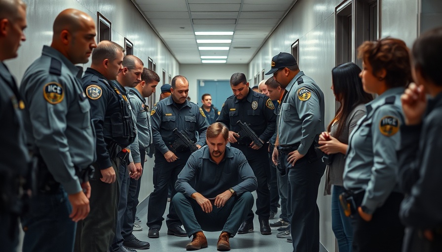 ICE agents arresting man in hallway amid crowd, tense situation observed.