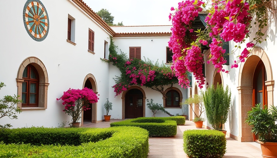 Mediterranean-style school courtyard with mosaic art, R. Roger Rowe Middle School.
