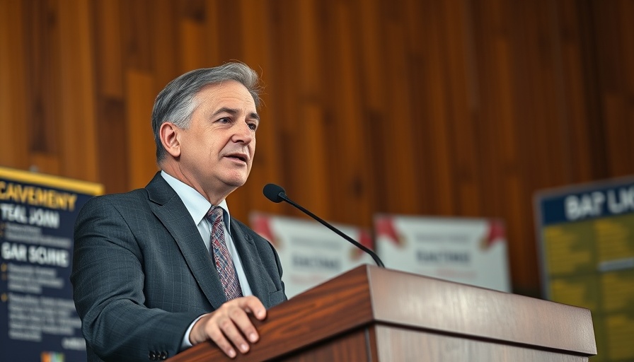 Confident speaker at podium with educational backdrop.