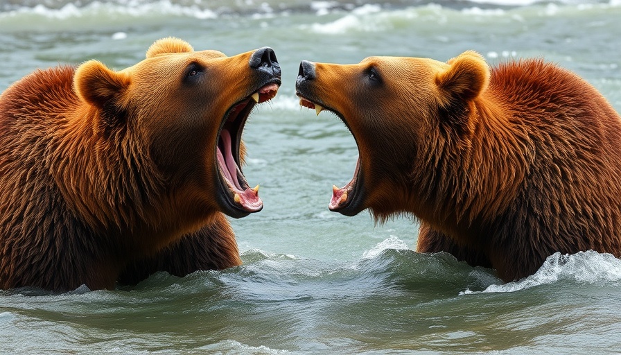 Grizzly bears facing each other in river, showcasing dynamic wildlife interaction, reflecting bear biologists' insights.