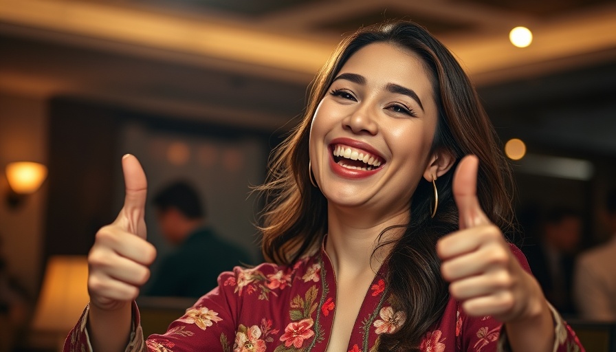 Baja California Governor giving thumbs up, floral attire, smiling.