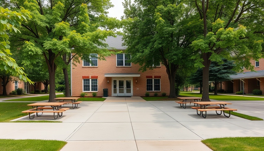 Job Corps campus building surrounded by picnic tables and greenery.