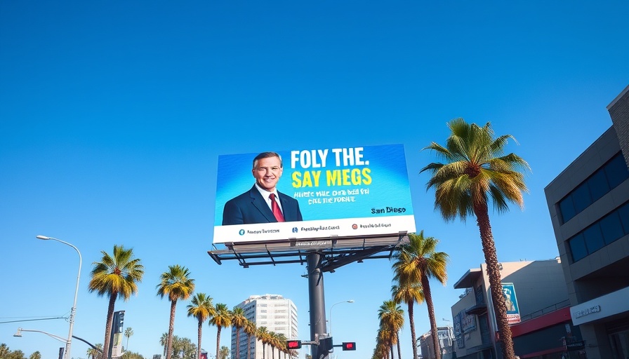 Digital billboard in San Diego with political ad and palm trees.