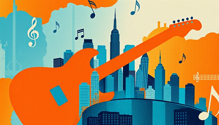 Abstract collage featuring guitar, cityscape, musical notes.
