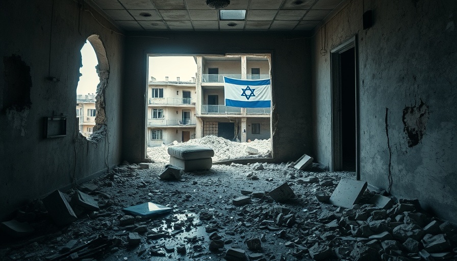 Destruction in a room with debris and Israeli flag visible outside, related to US airstrikes on Iranian nuclear sites.