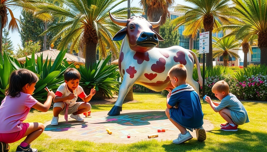 Tides of Creativity La Jolla: Kids drawing on cow sculpture outdoors.