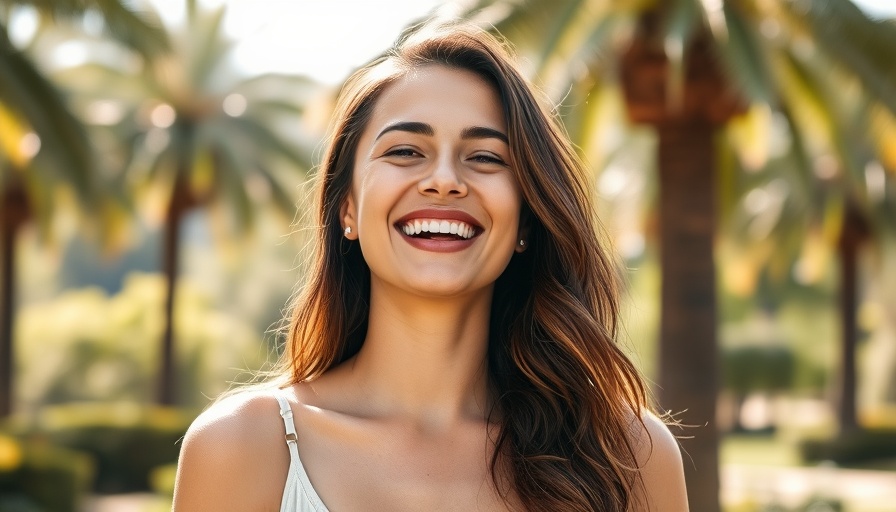 Woman smiling outdoors on a sunny day near greenery and palm trees.