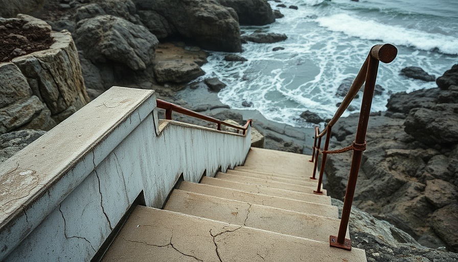 Weathered beach staircase in need of repair overlooking rocky coastline.