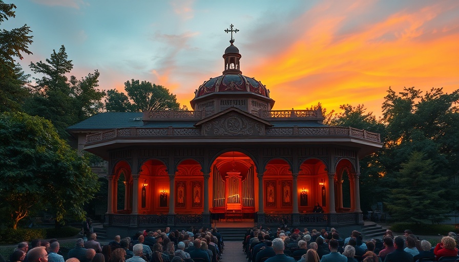 Spreckels Summer Organ Festival at ornate pavilion during sunset.