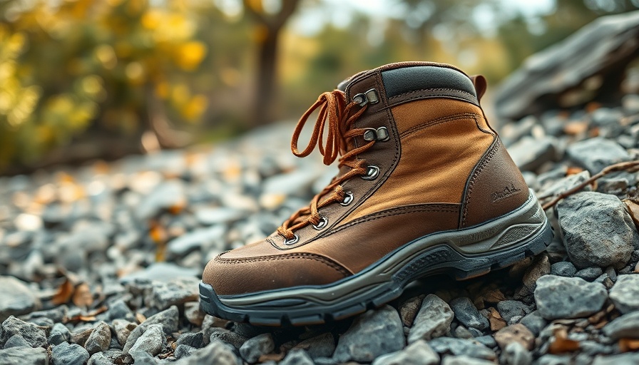 Worn-out hiking boots on rocky outdoors