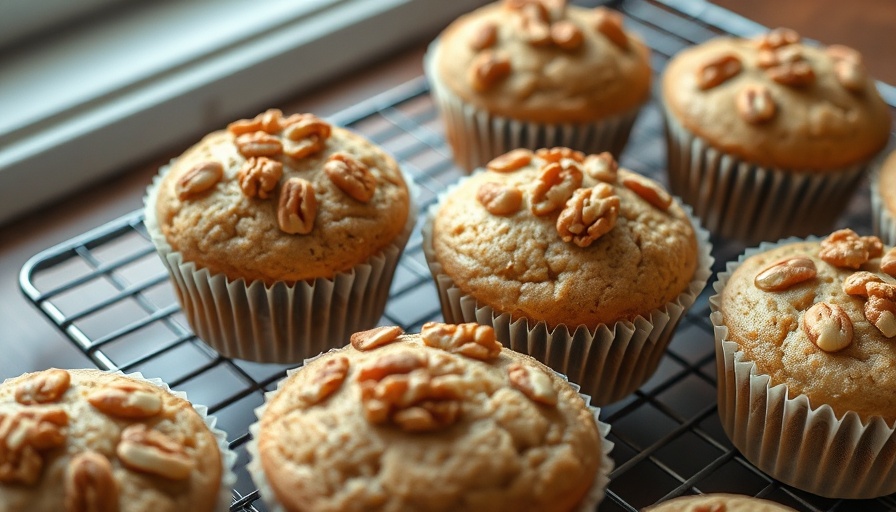 Freshly baked almond flour muffins with walnuts on a cooling rack.