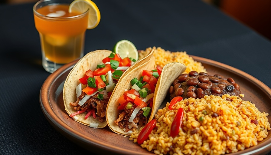 Colorful Mexican dish at Mission Hills Restaurants, featuring tacos, beans, and rice.