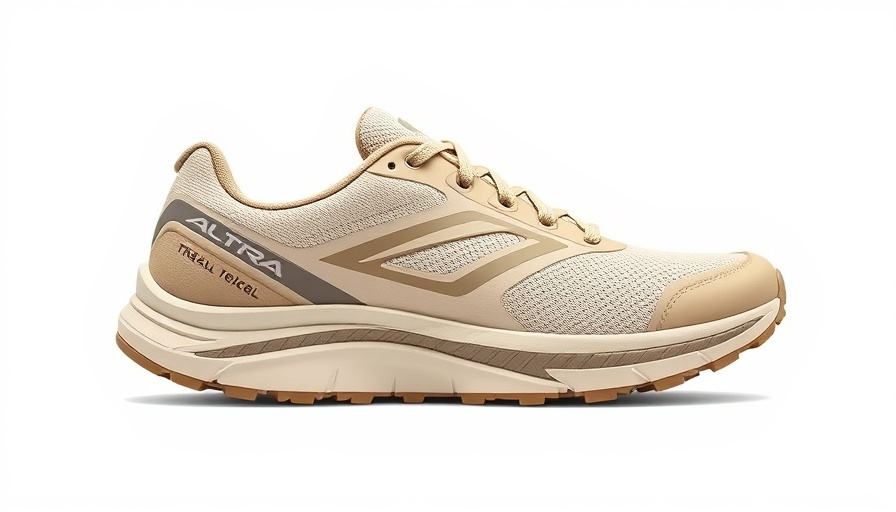 Sleek beige Altra trail shoe under $100, side view display.