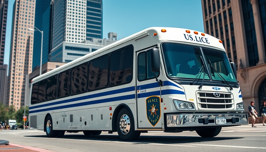U.S. Immigration and Customs Enforcement bus in city related to Trump Deportation Policy California.