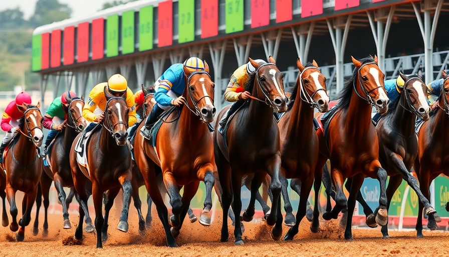 Del Mar horse racing success, vibrant racehorses at starting gate, intense competition.
