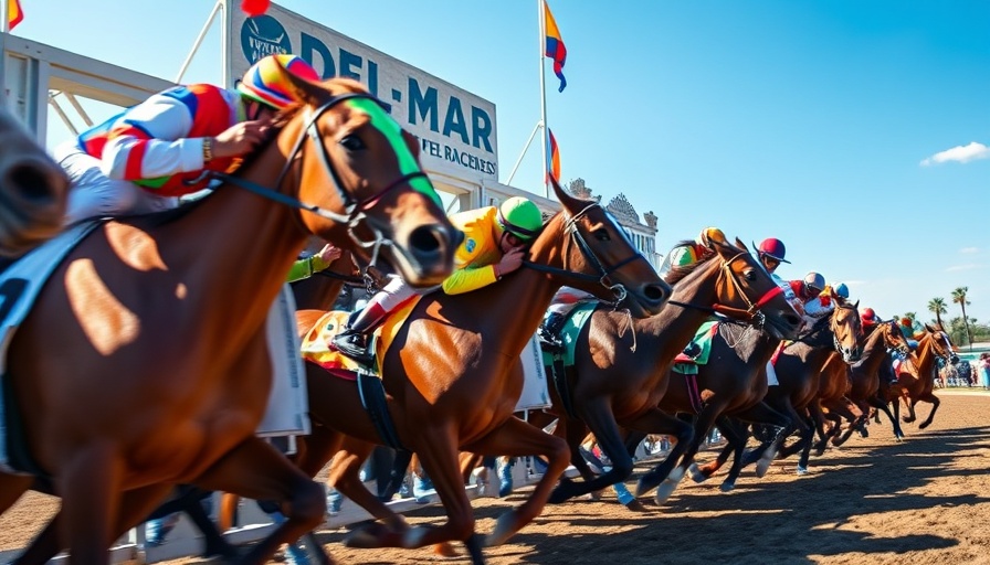 Jockeys at Del Mar racetrack starting gate symbolizing California horse racing decline and success.