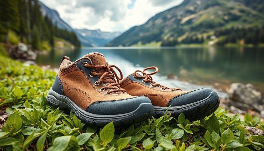 Worn hiking shoes by alpine lake showcasing quality hiking gear.