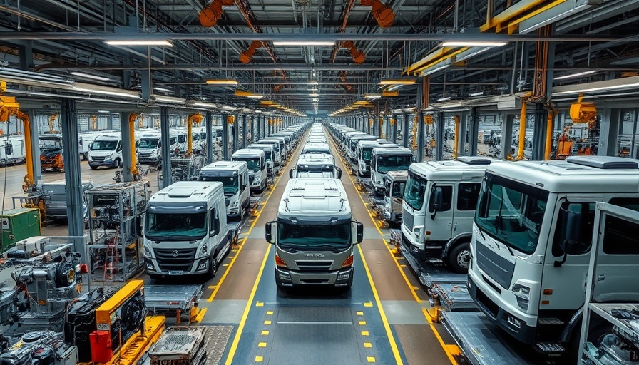 Assembly line in auto factory depicting truck production.