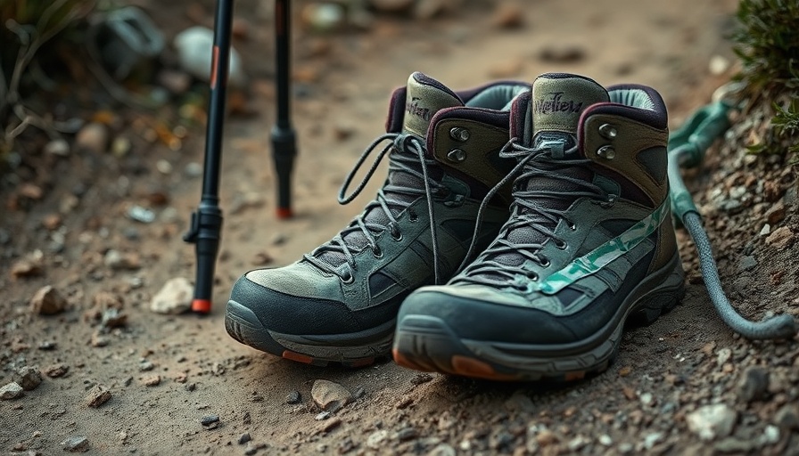 Worn hiking boots with duct tape on a trail, Backpacking in Budget Gear.